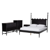 Baxton Studio Brantley Spindle 4-Piece Bedroom Set - Farmhouse Bed Frame with Matching Dresser, Chest, and 1-Drawer Nightstand, Black, King